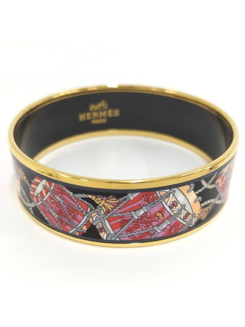 Hermes Enamel GM Bangle Plated Gold Black Multicolor Bracelet